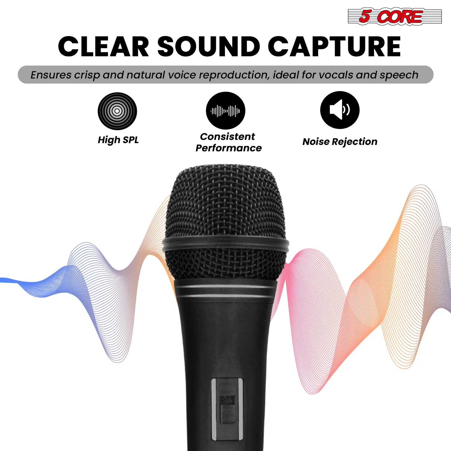 5 CORE Professional Dynamic Vocal Microphone Neodymium Cardioid Unidirectional Handheld Mic for Singing Karaoke Steel Mesh Grille Metal Body With ON Off Switch + 16ft Detachable Cable + Clip + Bag image 3
