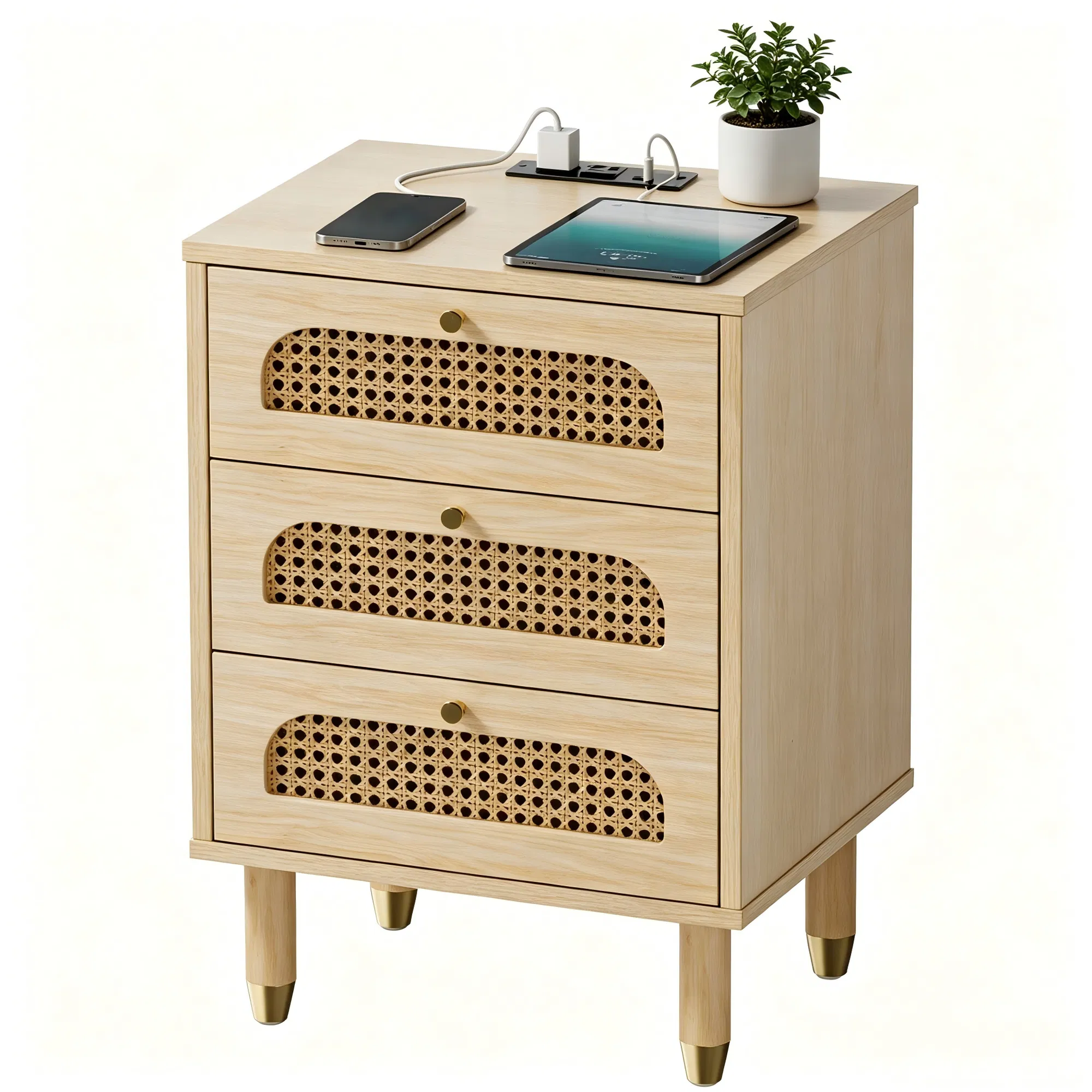 3-Drawer Nightstand with Rattan-Style Finish 15.75"*13.78"*23.82" with Power Outlet Oak image 3