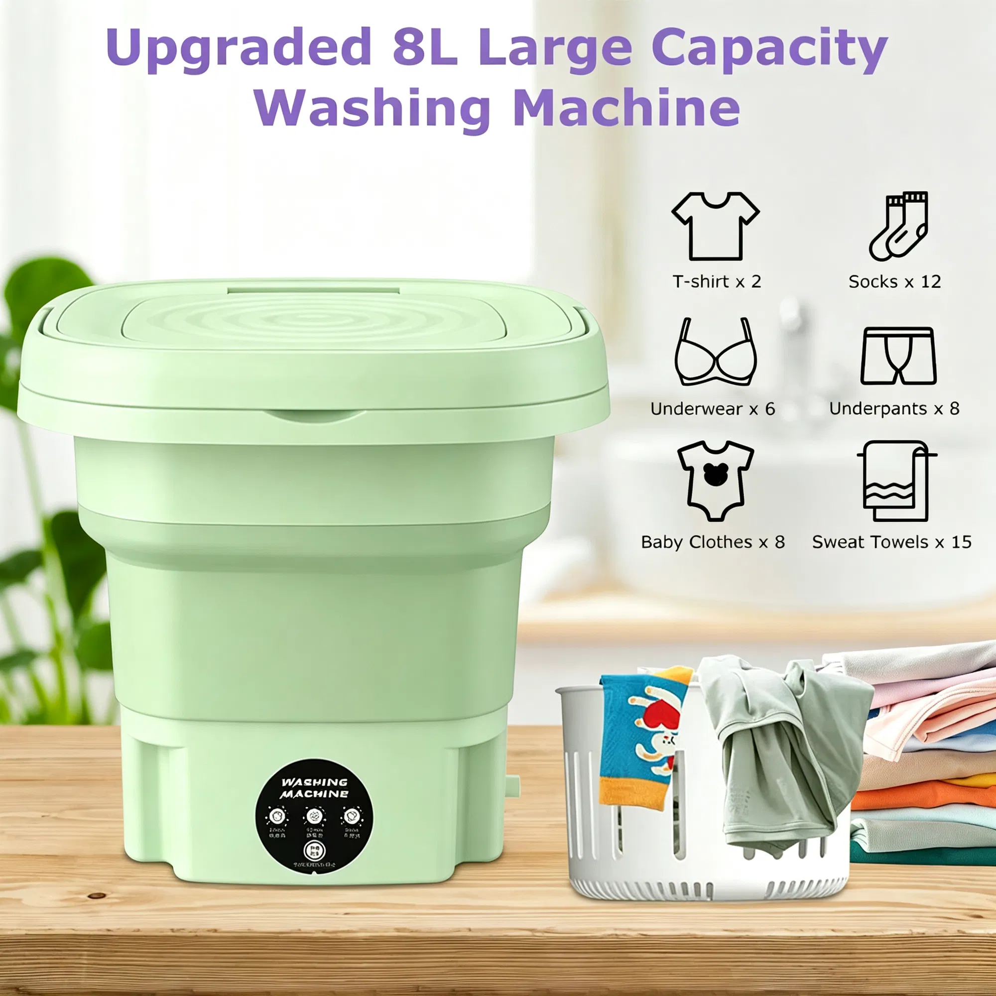8L Foldable Mini Washing Machine,Portable Compact Washer with 3 Adjustable Modes,Semi-Dehydration,Detachable Drain Basket for Socks,Underwear,Baby Garments Home Travel Use