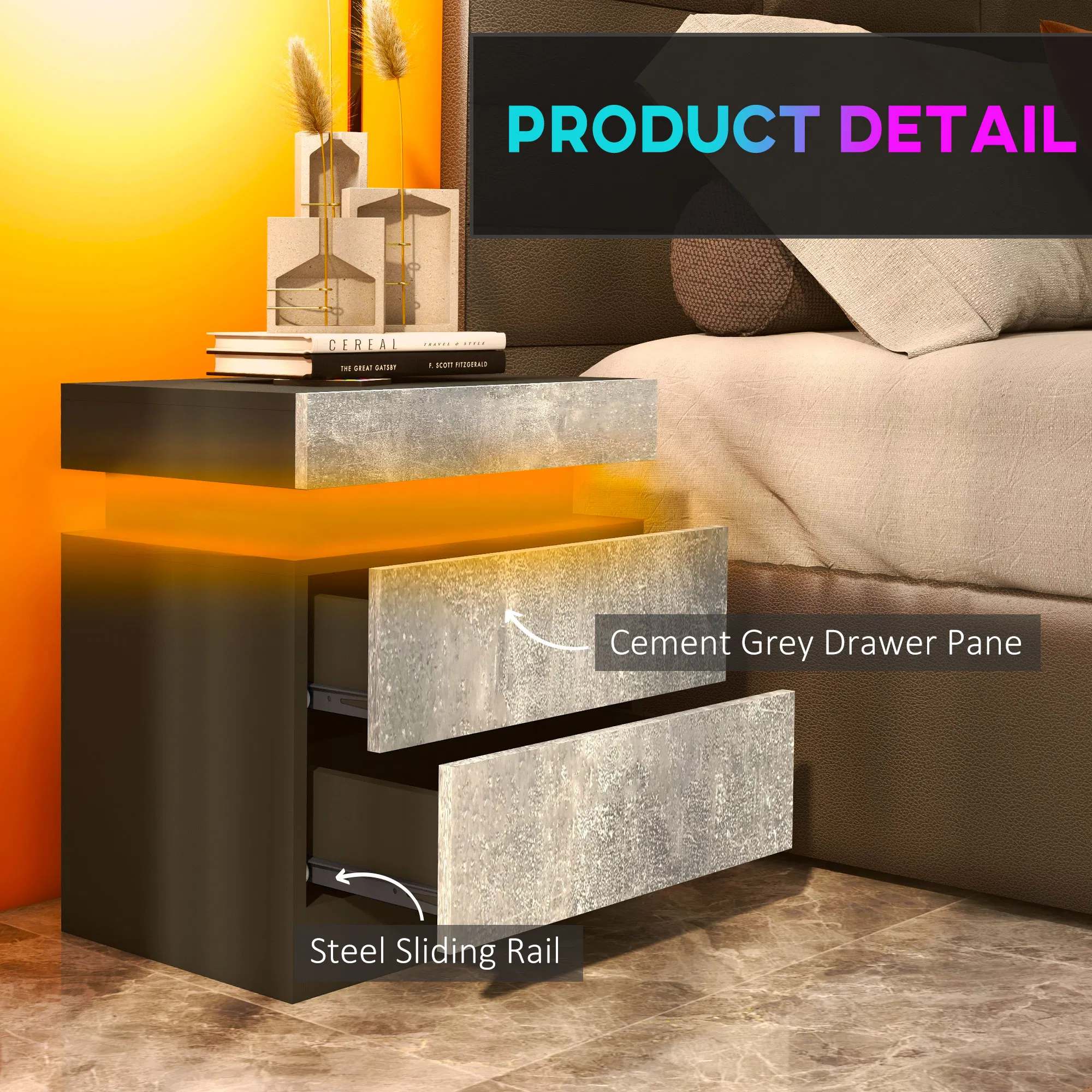 Nightstand with LED Lights and Drawers, picture 4 of 5