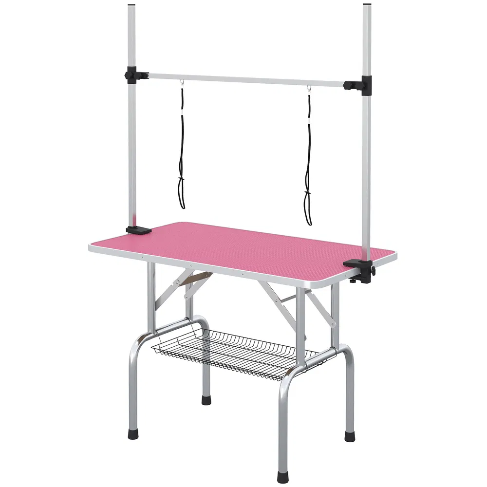 Adjustable Dog Grooming Table with 2 Safety Slings, Storage Basket, Pink