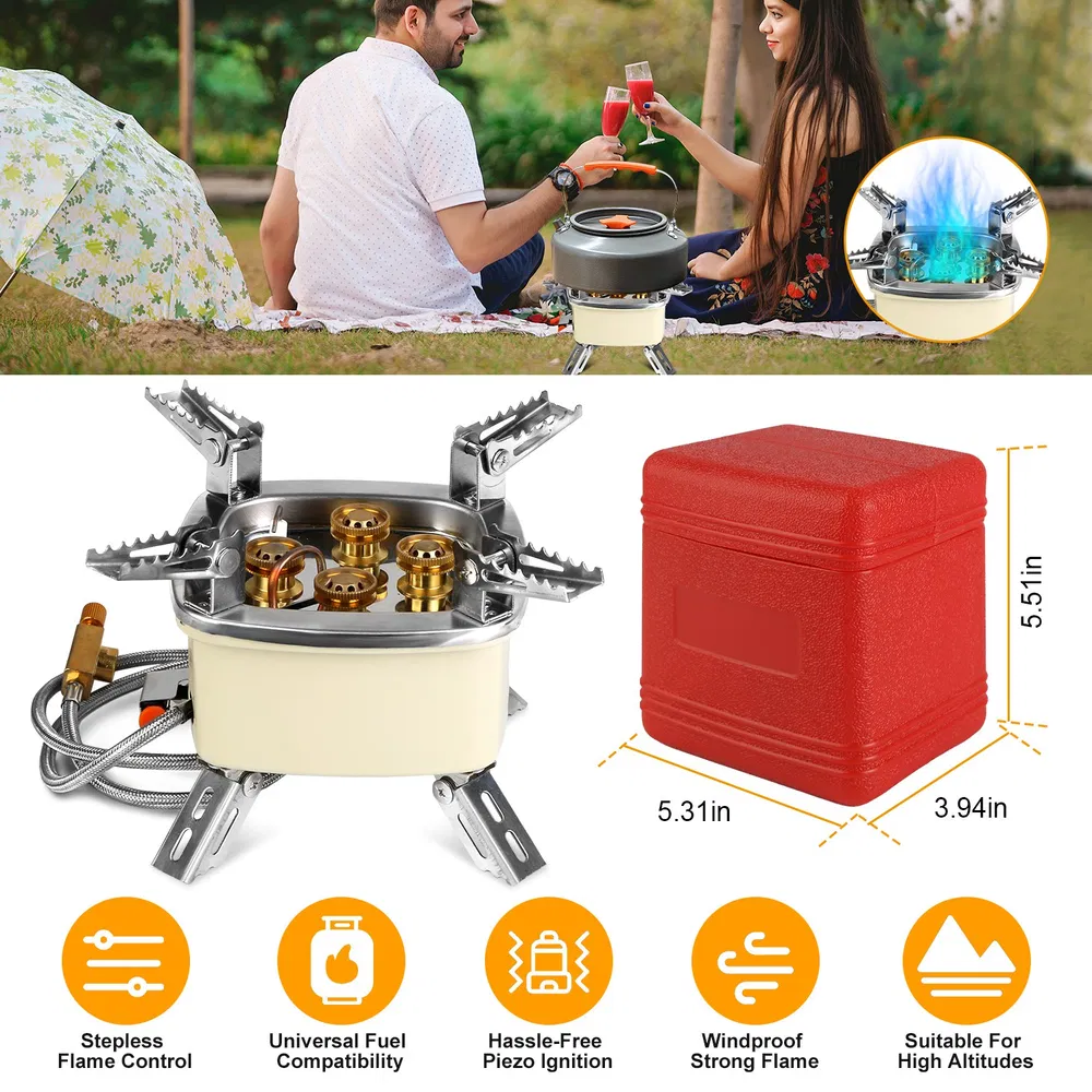 Estufa de Camping con 5 quemadores ajustables y tubo de calentamiento de cobre