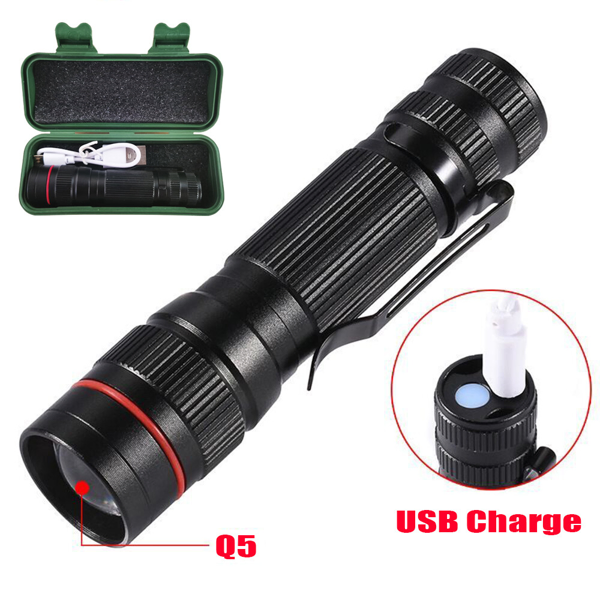 2 Pack USB Rechargeable LED Flashlight Adjustable Focus 3-Modes Outdoor Mini Flashlight W/ USB Cable+Mini Box-18