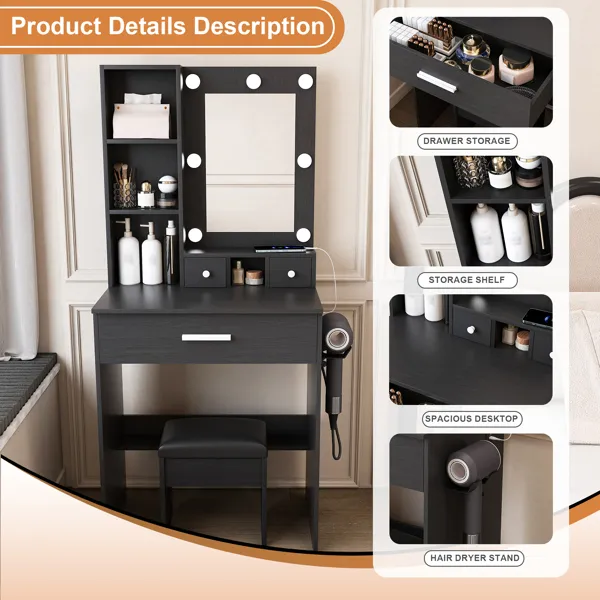 Vanity Table with Mirror & Adjustable LED Lights, Power Outlet, Hairdryer Holder & Stool – Compact… image 5