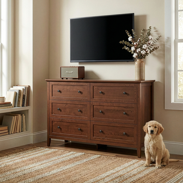 Brown (1061 Solid Cherry Wood) P2 Particleboard + MDF, Melamine finish, 120*40*80cm, Framed construction, Double row of six drawers with double handles, Drawer cabinet-12