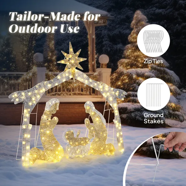 6ft Silver Roof 190LED Lights Nativity Scene Garden Jesus Decoration image 2