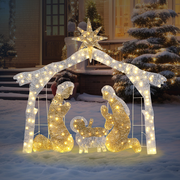 6ft Silver Roof 190LED Lights Nativity Scene Garden Jesus Decoration image 12