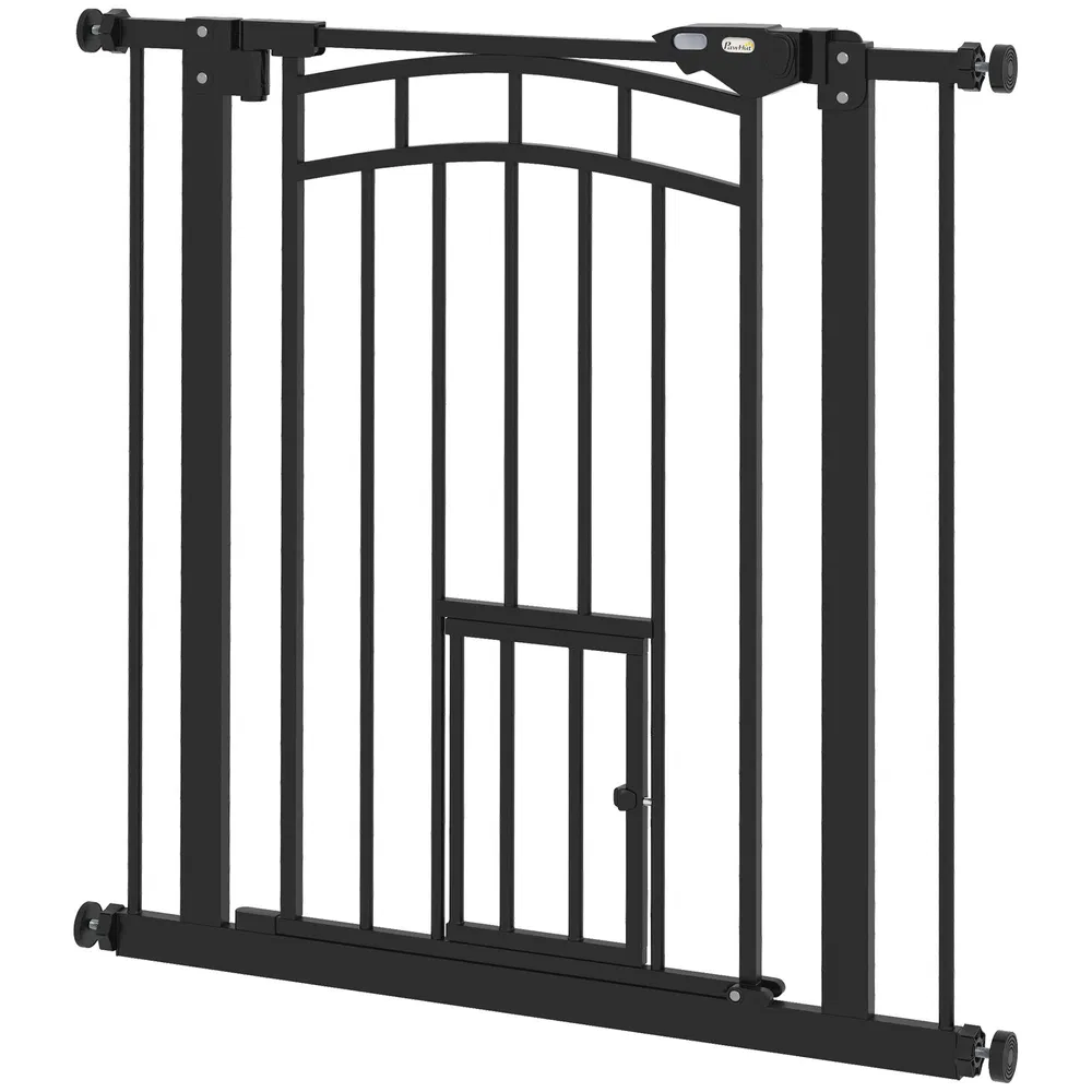 Auto-Close Pet Gate, Stair Gate with Cat Door, Double Locking for Doorways Hallways Stairs, Fits 29"-31.5" Wide, Black - Default
