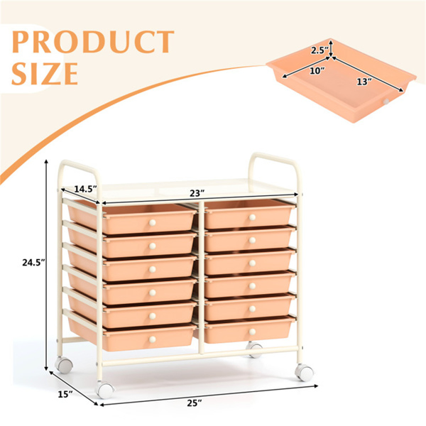 12-Drawer Rolling Storage Cart - 2-Row 10-Storey, Multicolor Drawers, 4 Wheels (2 Brake), White Frame-Peach-12