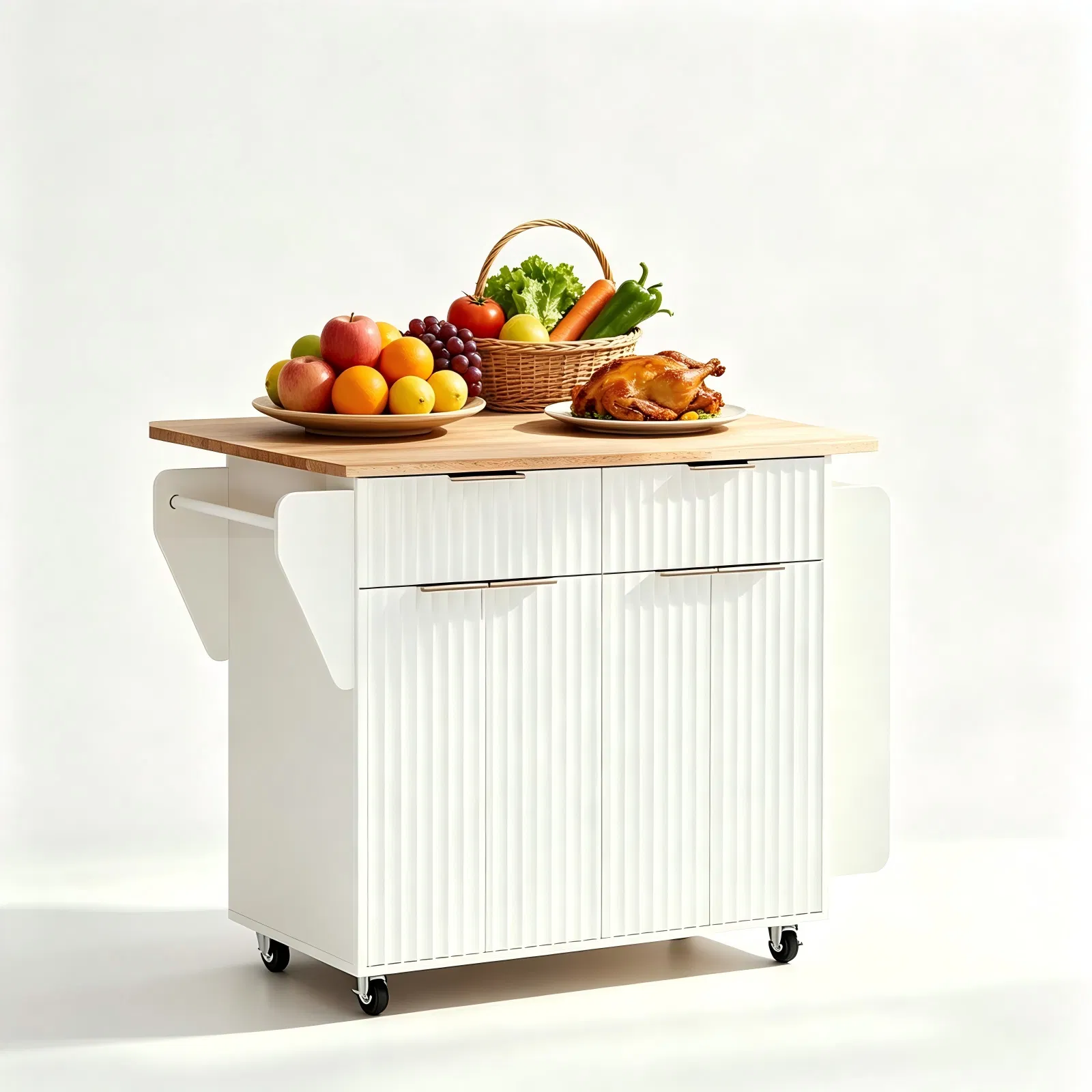 (Do Not Sale on Amazon) 4-Door 2-Drawer Grille Food Cart Champagne Gold Thermoformed Door Panels Bakelite Handles Bakelite Countertop MDF Cabinets and Serving Sideboard 43.07*29.17*32.68in White image 2