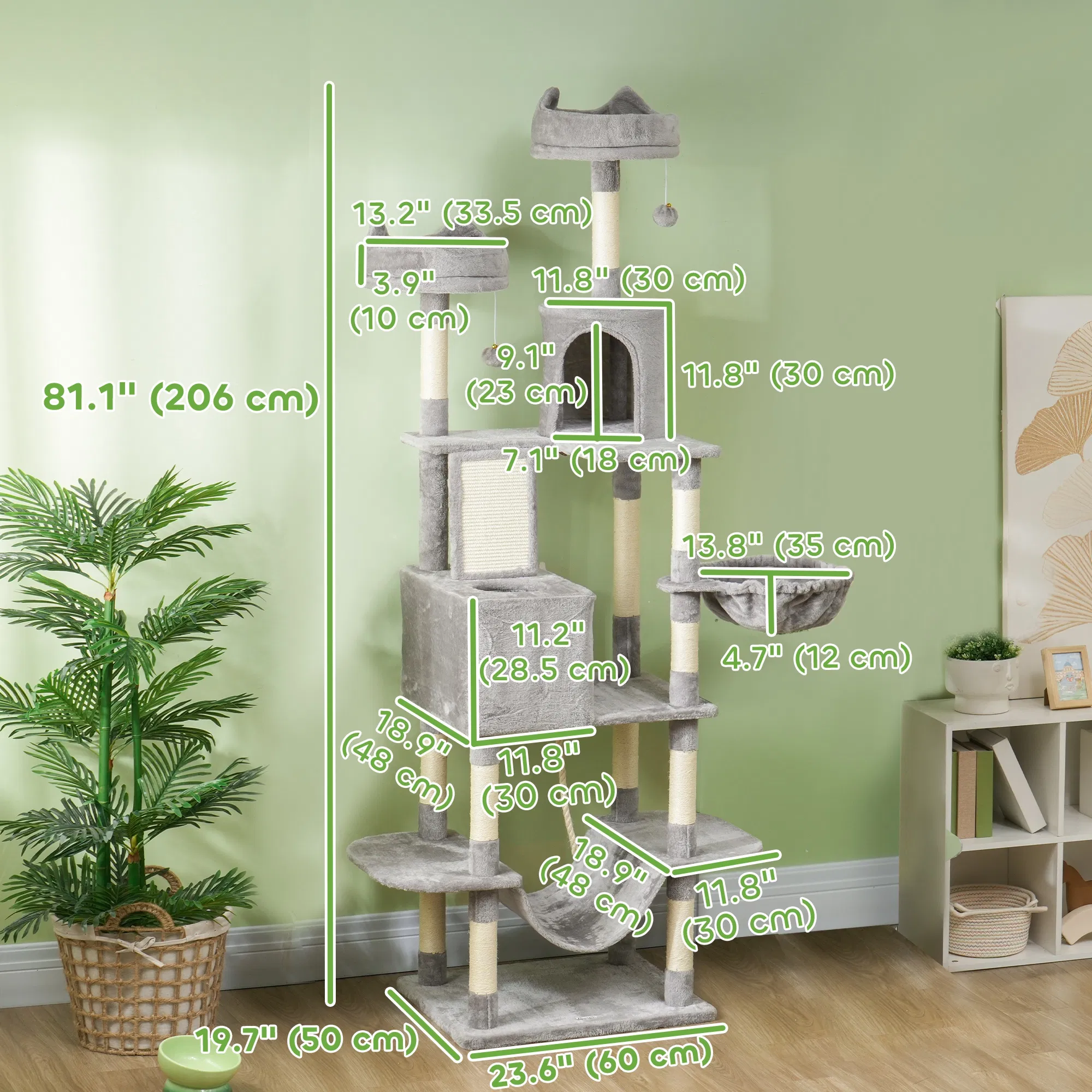 81" Large Cat Tree w/ Scratching Posts, Condos, Beds, Hammocks, Jumping Platforms, Toy Balls, Rope Cat Toy, Light Grey — image 1