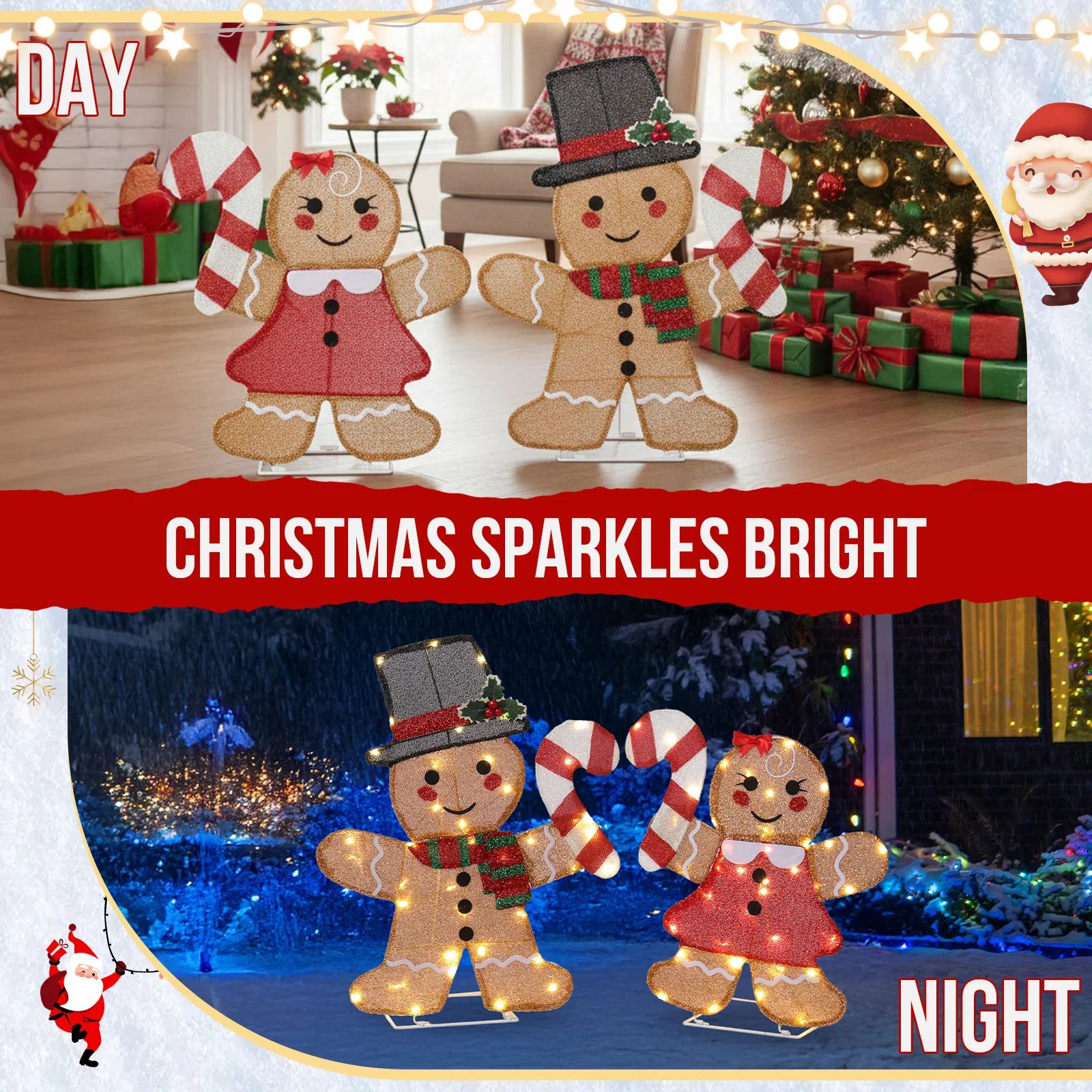 Set of 2 Lighted Gingerbread Man and Candy Cane Christmas Decorations, Pre-lit 2D Holiday Decor with 80… image 8