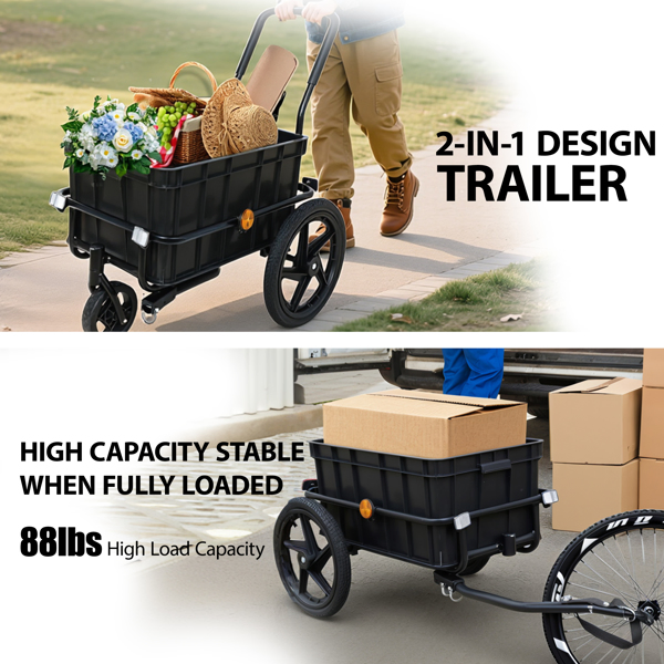 2-in-1 Bike Cargo Trailer Pushcart, Bicycle Trailer with Removable Box and Waterproof Cover, Black, Pushcart Stroller with Tow Hitch and Removable Handlebar, black -55