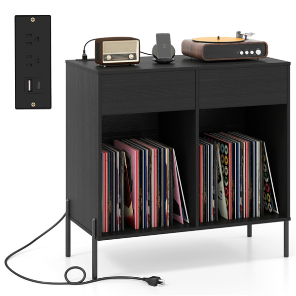 Record Player Storage Stand - Customizable Vinyl Compartments, Built-in Charging Station, Metal Legs & Floor-Protecting Pads-12