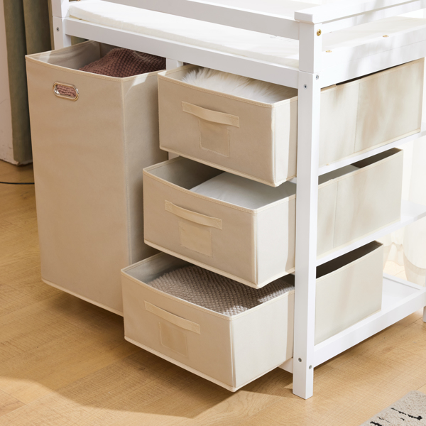 White painted pine wood frame, removable top, 87*53*87.5cm children's wooden bed with 3 fabric drawers + 1 fabric bag, and a changing table-59