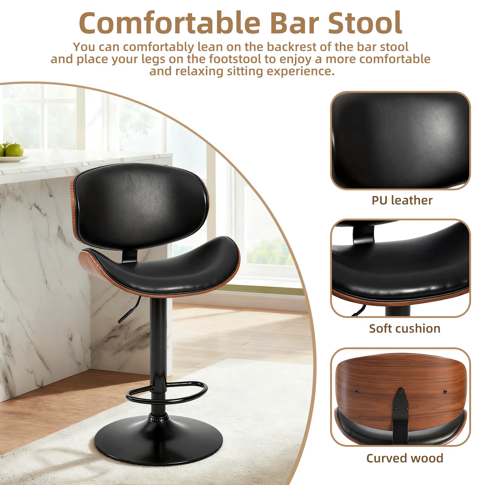 A set of 2 rotating bar stools with adjustable height, PU leather decorative chairs, backrests and footstools, and anti-slip rubber bases image 6