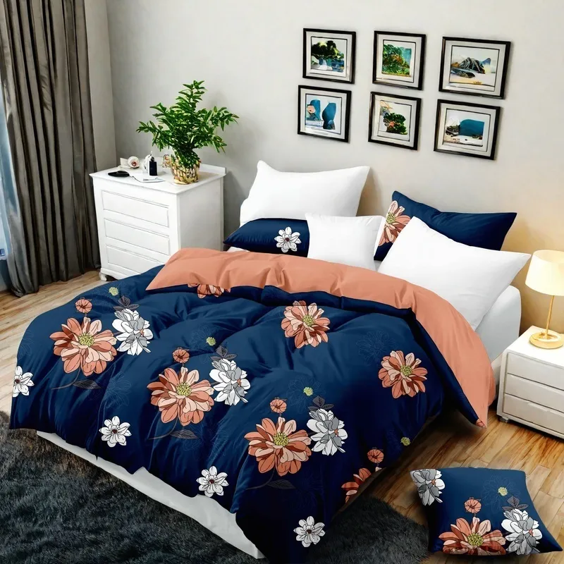 9-Piece Navy & Coral Floral Bedding & Curtain Set (Queen/King/Cal King) - Quilted Microfiber Bedspread + Sheer Curtains