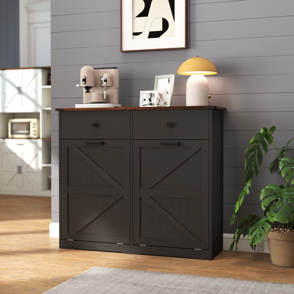Farmhouse Black Double Tilt Out Trash Cabinet for 20 Gallon Trash Cans, Free Standing Recycling Cabinet with Hideaway Drawer, Barn Door Style Laundry Sorter Cabinet, Tilt Out Trash Cabinet for Kitchen-21