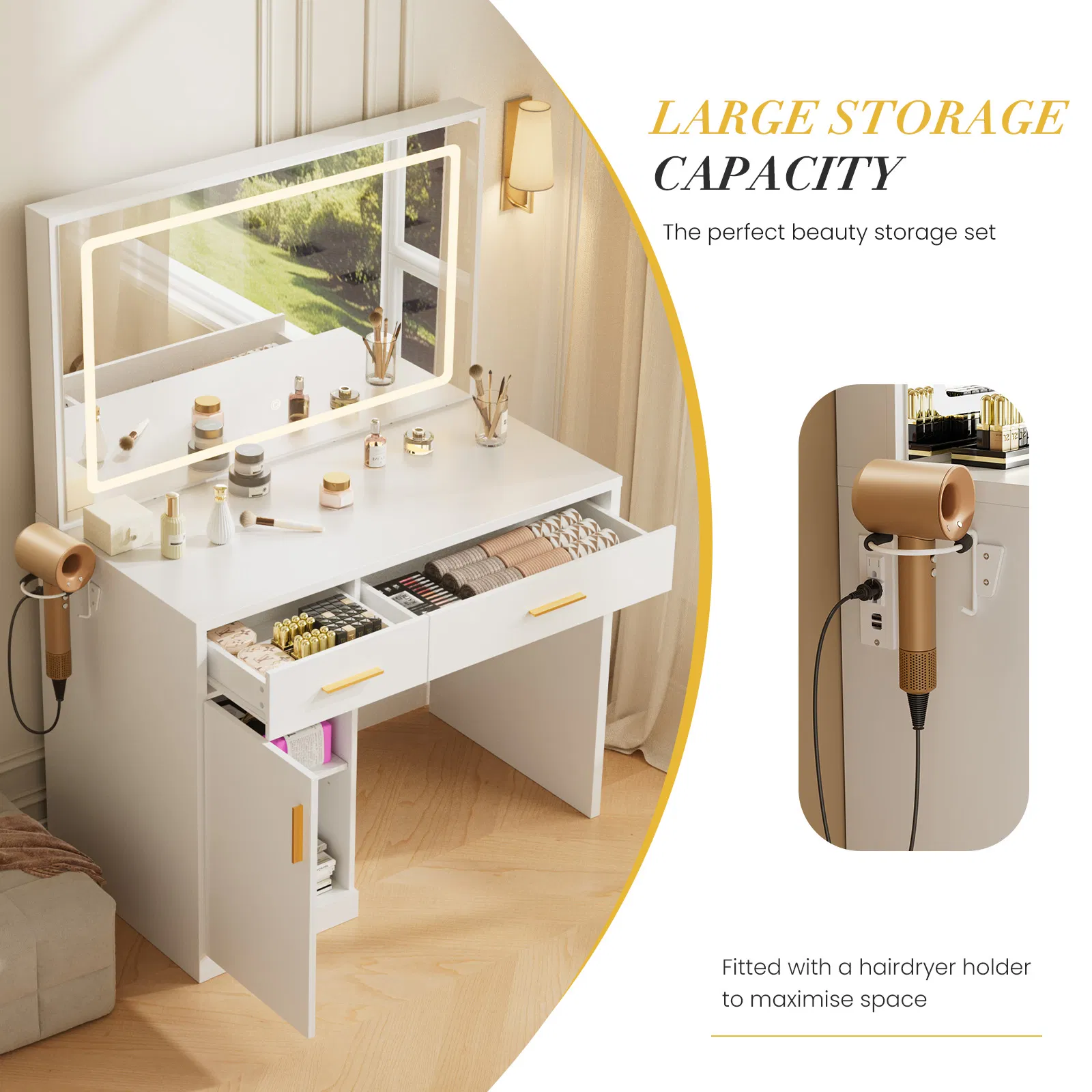 Mirror and Lights, Makeup Vanity Table with Charging Station , 2 Drawers & Large Cabinet, 3 Lighting Color Adjustable, Dressing Table image 4