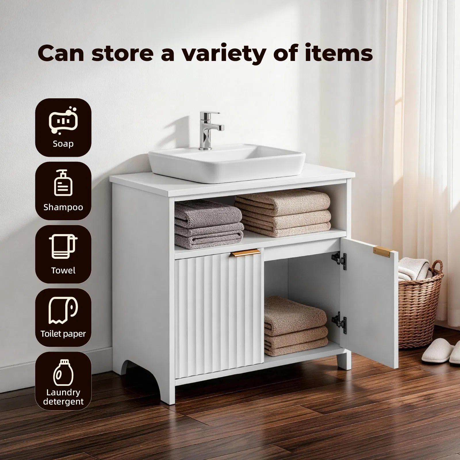 White particleboard with melamine veneer, grille thermoformed, two-door, one-shelf bathroom vanity unit… image 4