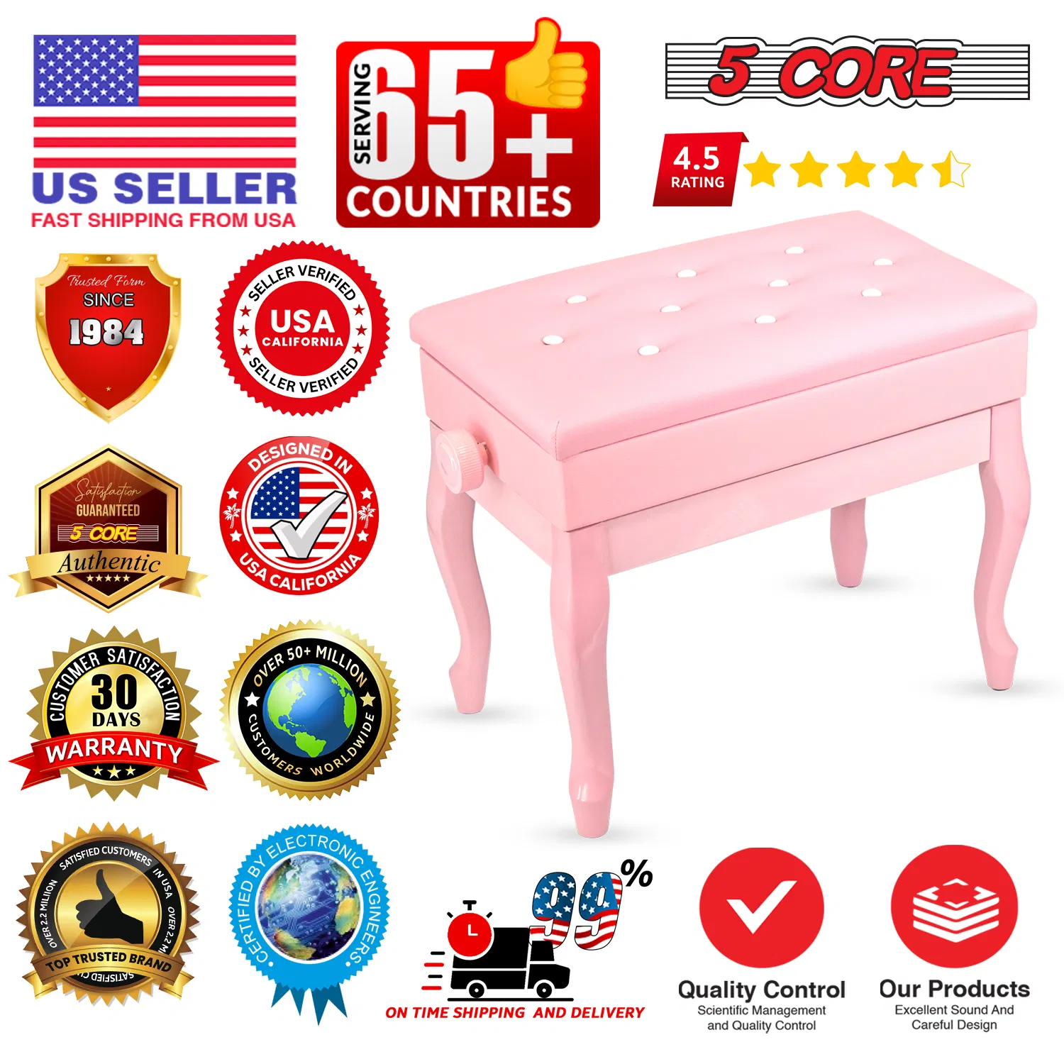 5 Core Piano Bench Wooden Height Adjustable Stool Heavy Duty Keyboard Seat with Storage image 13