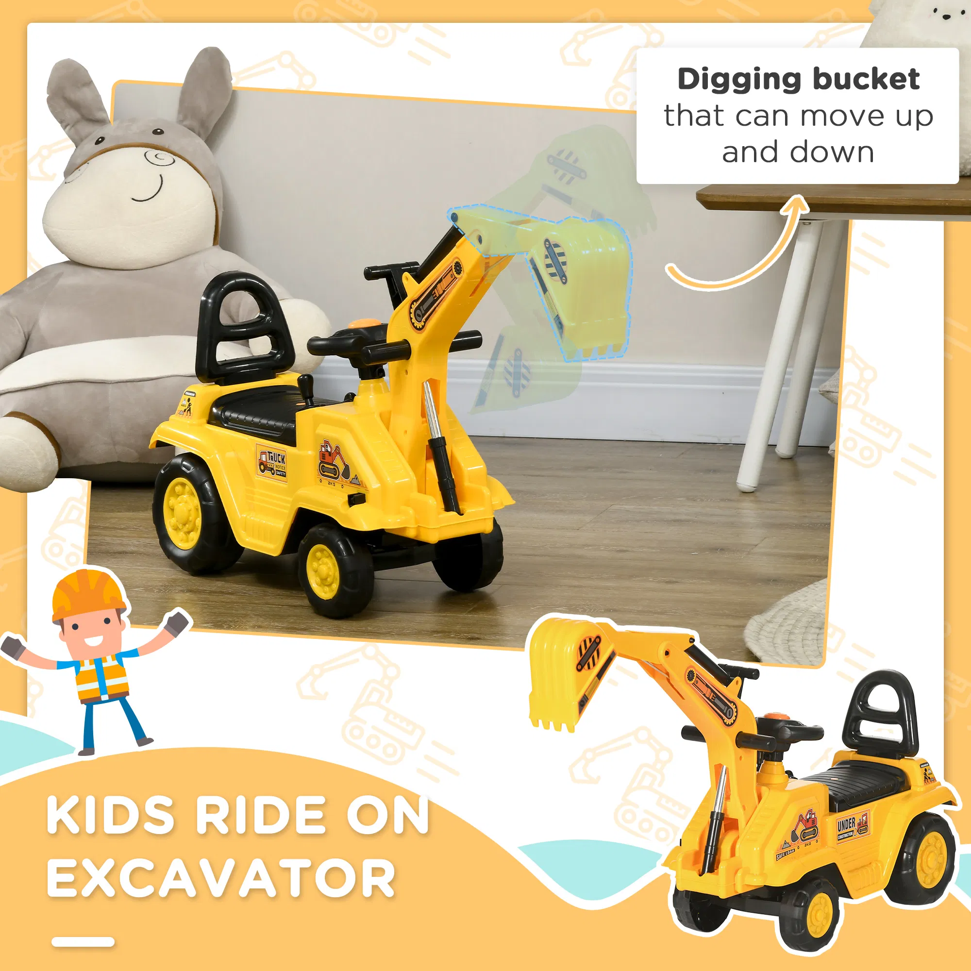 NO POWER 3 in 1 Ride on Toy Excavator Digger Scooter Pulling — photo 7
