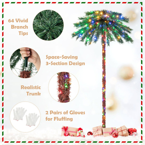 6ft Pre-Lit Christmas Palm Tree - 210 4-Color LEDs (Red/Green/Yellow/Blue), 64 PVC Branch Tips-19
