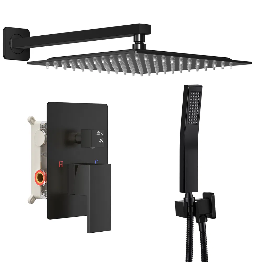 Wall-mounted shower faucet set - 10-12inch square overhead spray + handheld shower head with pressure balance and temperature control valve image 8