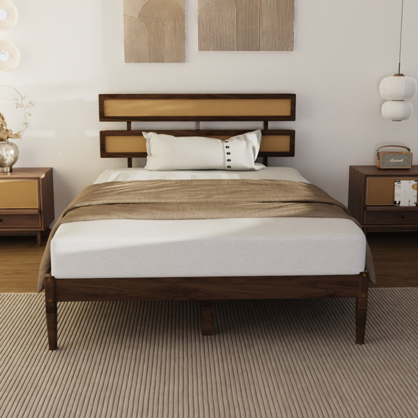 Dark walnut wood painted finish + rattan and pine wood double headboard full size wooden bed, Bohemian style-20