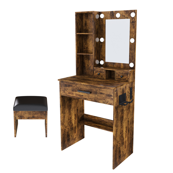 Vanity Table with Mirror & Adjustable LED Lights, Power Outlet, Hairdryer Holder & Stool – Compact Dressing Desk for Small Bedrooms(Vintage) -20