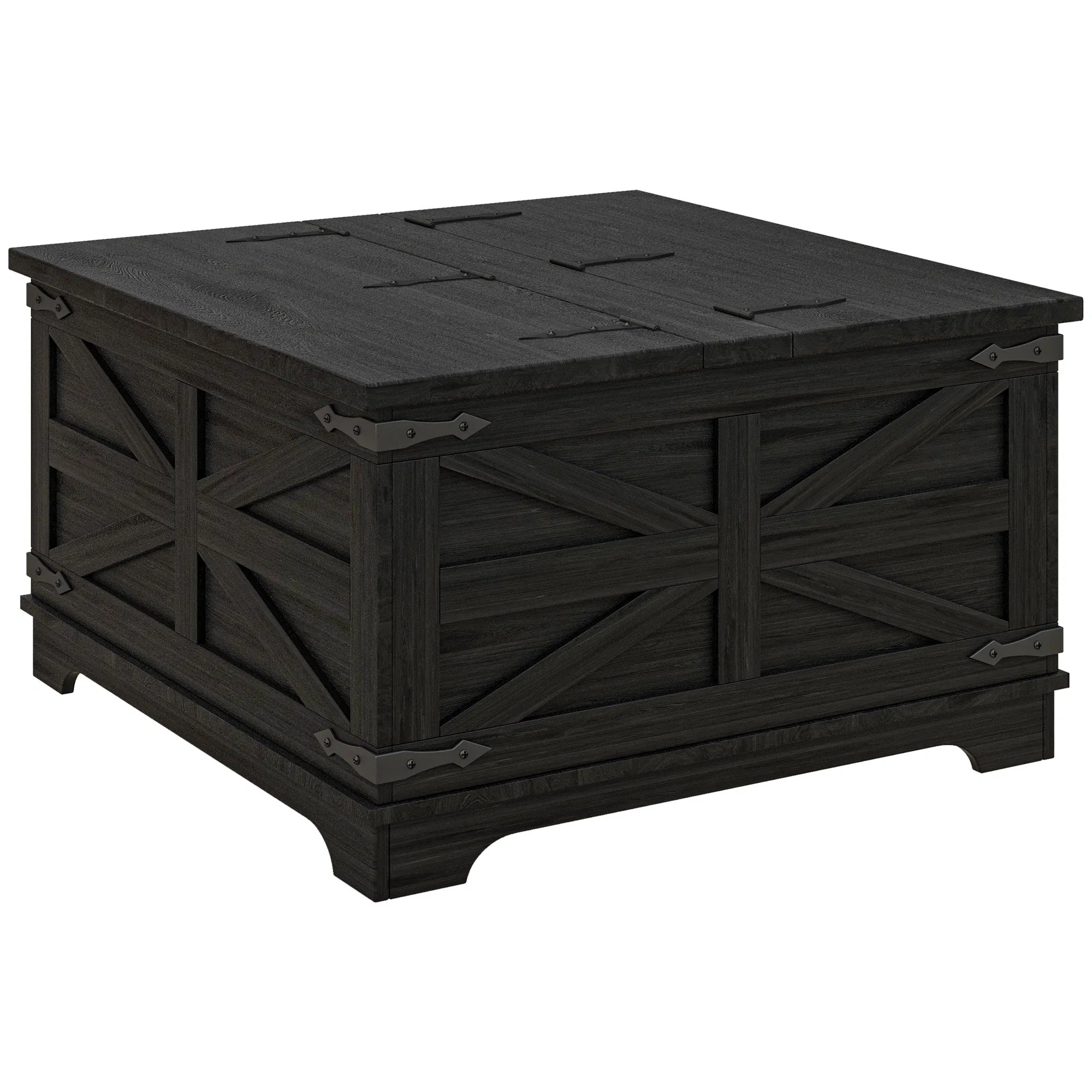 Farmhouse Coffee Table, Square Center Table with Flip-top Lids, Hidden Storage Compartment, Black