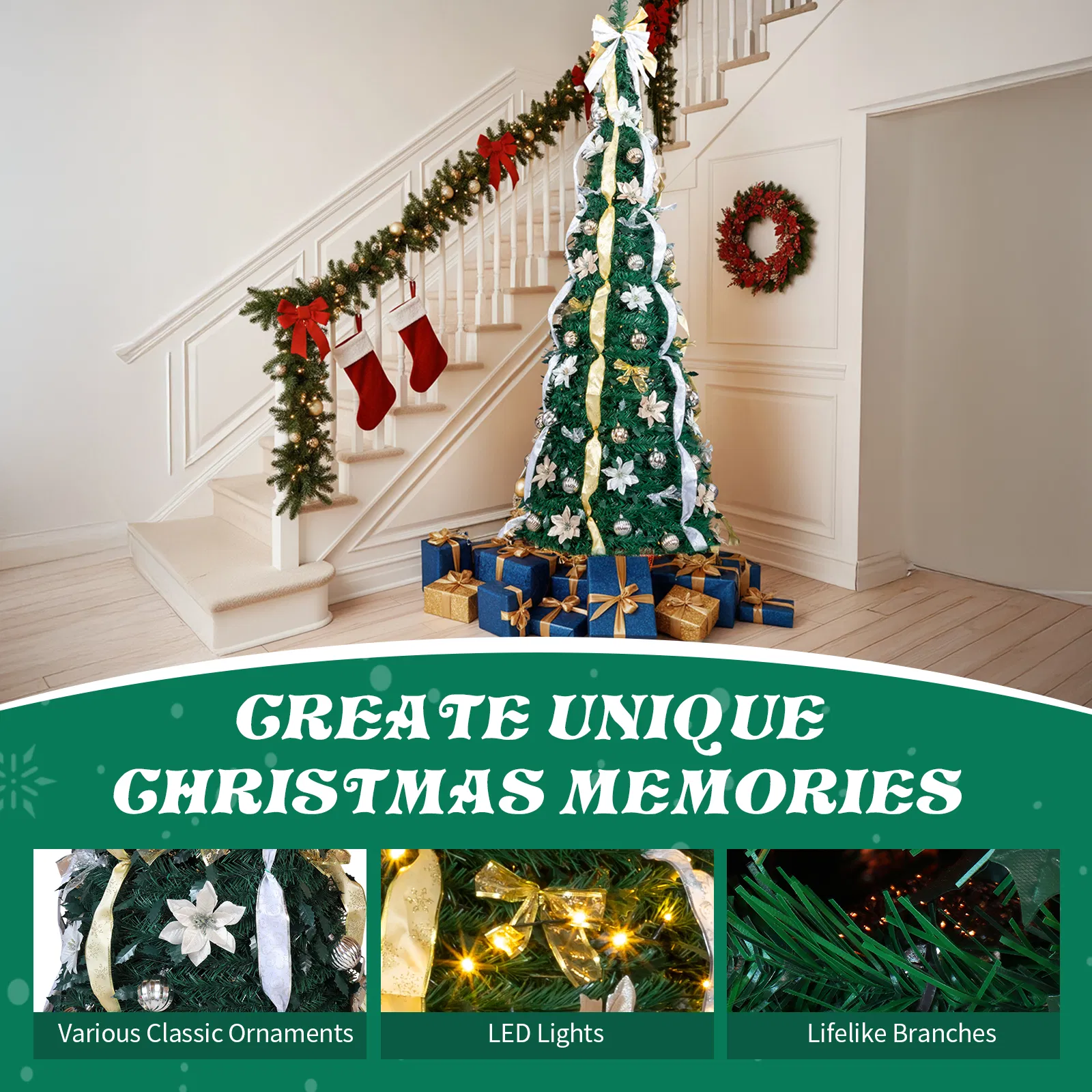 7 FT Fully Decorated Pre-lit Christmas Tree, Pop Up Artificial Xmas Tree with 200 Warm Lights Remote… image 6