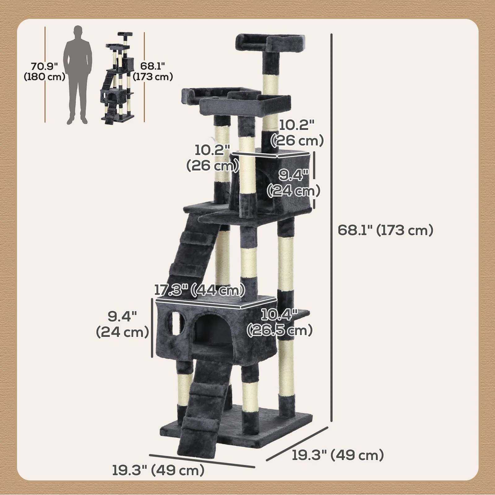 68-inch Multi-Level Cat Scratching Tree Kitty Activity Center Post Tower Condo Pet Furniture w/ Toy Charcoal Grey