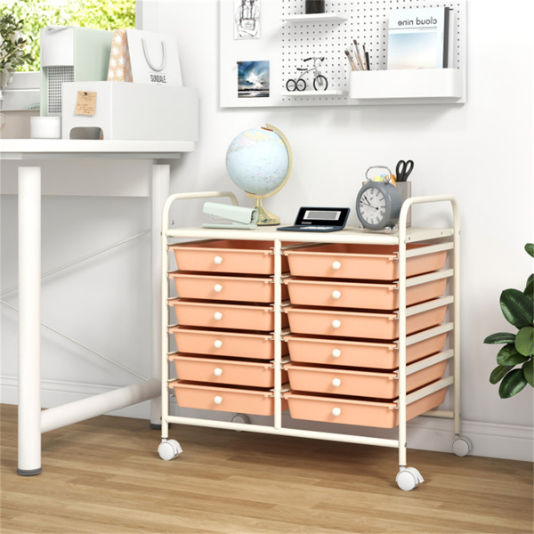12-Drawer Rolling Storage Cart - 2-Row 10-Storey, Multicolor Drawers, 4 Wheels (2 Brake), White Frame-Peach-11
