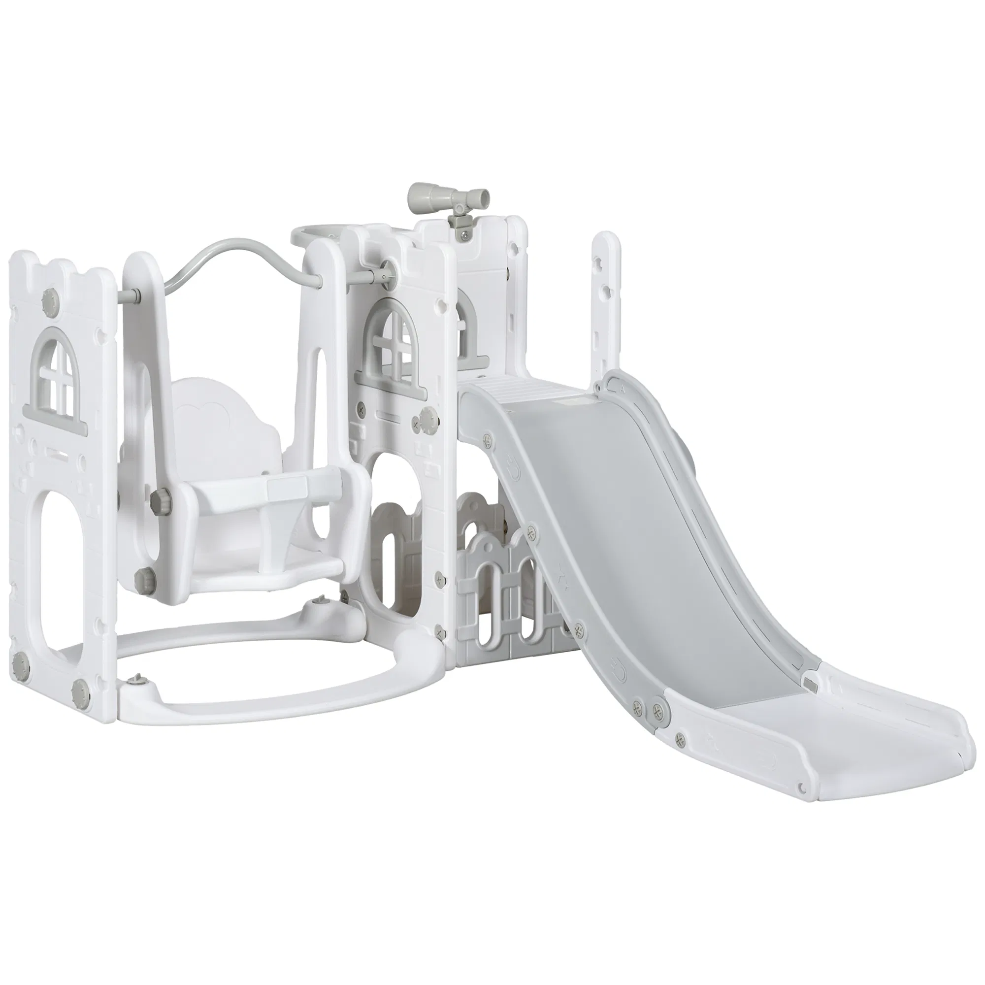 6-in-1 Slide and Swing Set Baby Swing Playset Indoor with Basketball Hoop, Climber, Storage Space, Telescope, Grey