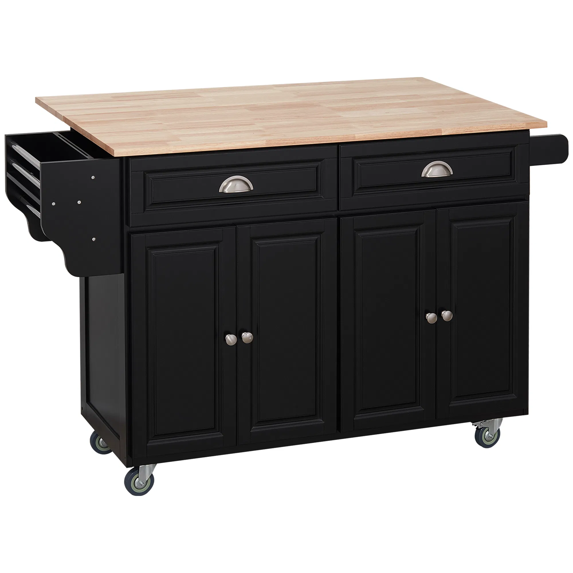 Kitchen Island with Storage, Rolling Kitchen Island with Drop Leaf, Rubber Wood Top and Adjustable Shelves, Black