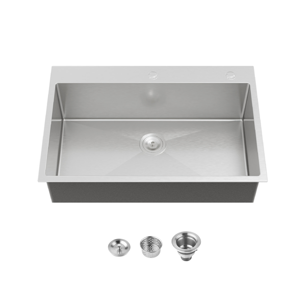 Kitchen Sink, 33″x22″ Single Bowl, Overmount Handmade Sink in Brushed Nickel, with US Standard Drain and Hook[Unable to ship on weekends,usps/fedex]-13