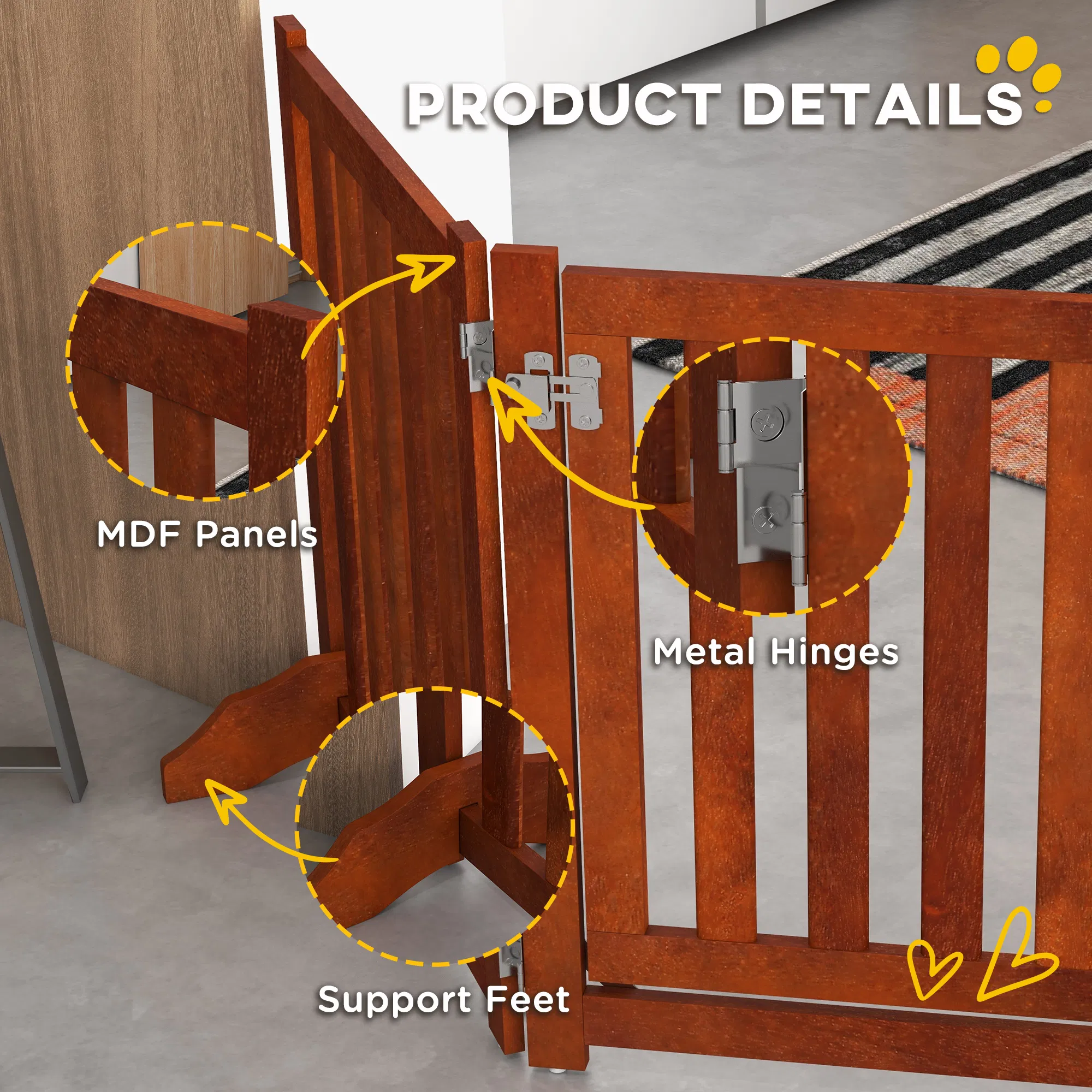 Foldable Dog Gate with Door, 4 Panels Fressstanding Pet Gate, Brown — image 1