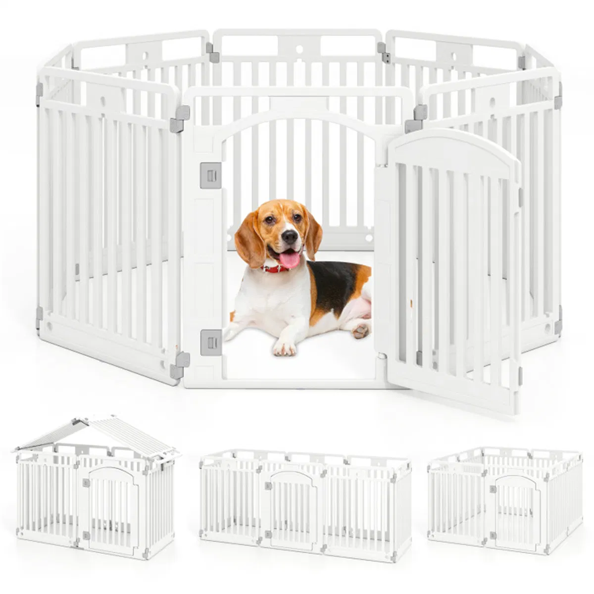 8-Panel HDPE Pet Fence (White) - Multiple Configurations (Octagon/Square/House), 50"x50"x32" Square Size, Lockable Door