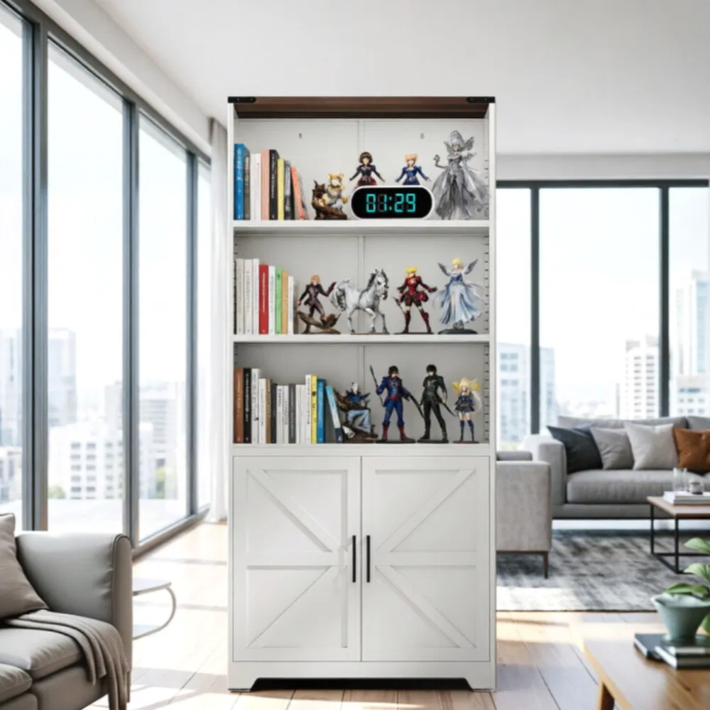 Barn door 3-tier steel display case, 69.7 31.5 15.4 inches, off-white with contrasting wood grain image 8