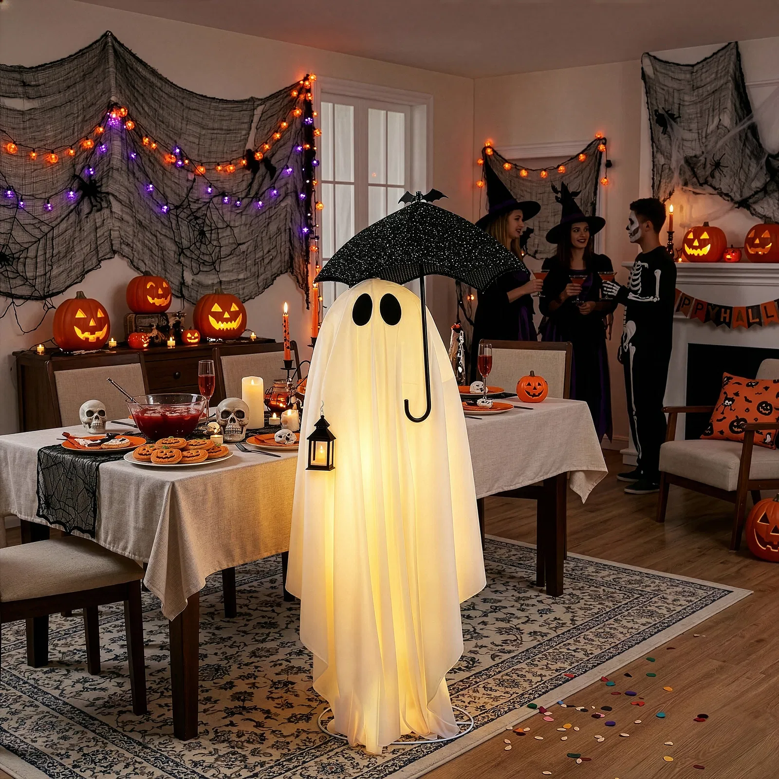 5ft Black & White Umbrella Ghost Halloween Decoration with 100 Warm White LED Wire Lights, 30V 3.6W… image 15