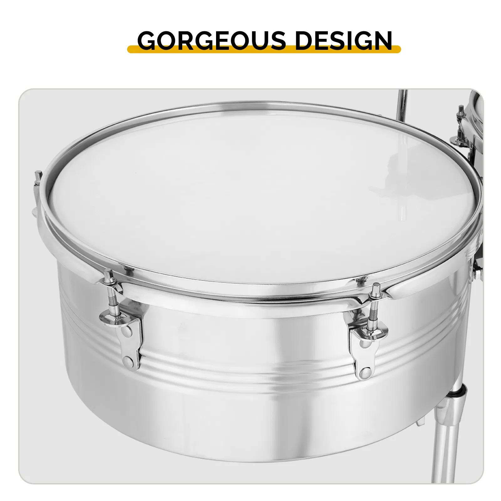 Percussion 13" & 14" Timbales Drum Set with Stand and Cowbell Silver image 6