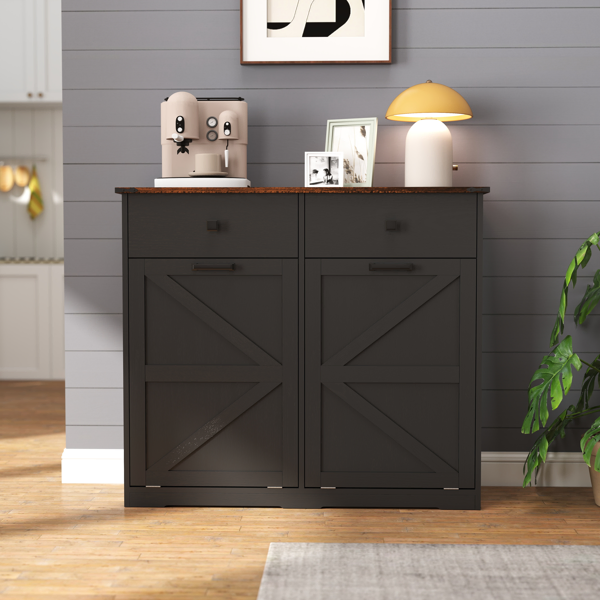 Farmhouse Black Double Tilt Out Trash Cabinet for 20 Gallon Trash Cans, Free Standing Recycling Cabinet with Hideaway Drawer, Barn Door Style Laundry Sorter Cabinet, Tilt Out Trash Cabinet for Kitchen-38