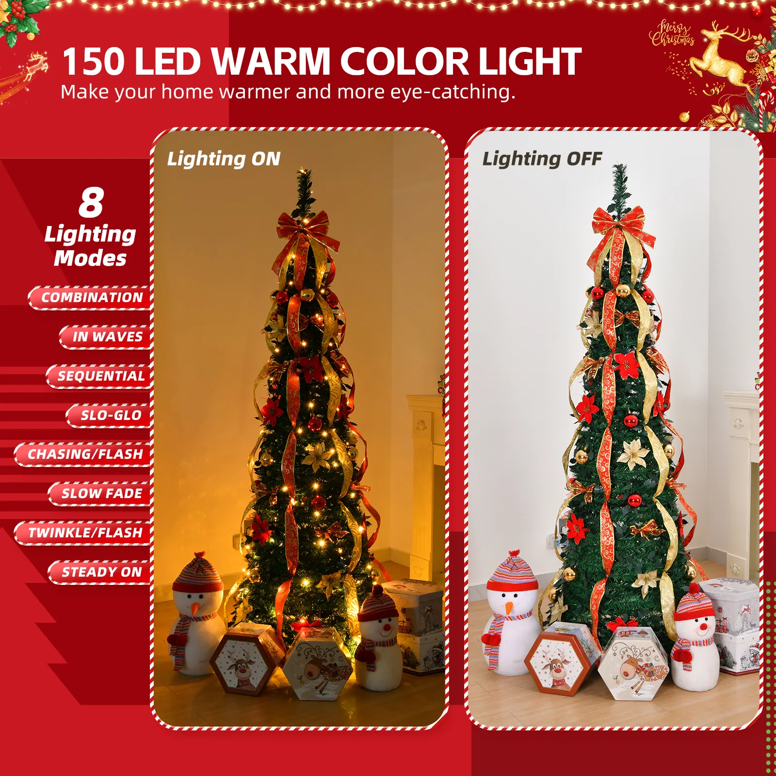 6 FT Fully Decorated Pre-lit Christmas Tree, Pop Up Artificial Xmas Tree with 150 Warm Lights Battery Operated and Red & Golden Ornaments for Home Office Store Holiday Deco image 8