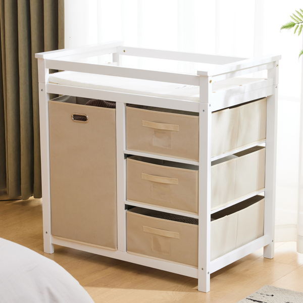 White painted pine wood frame, removable top, 87*53*87.5cm children's wooden bed with 3 fabric drawers + 1 fabric bag, and a changing table-50