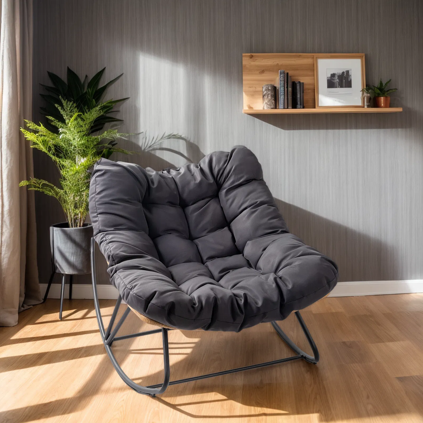 [Replace 58406521]Outdoor Rocking Chair, Oversized Patio Papasan Rocker, Comfy Reading Lounge Chair Egg Chair for Indoor Use, Patio, Porch, Garden, Dark Gray image 11