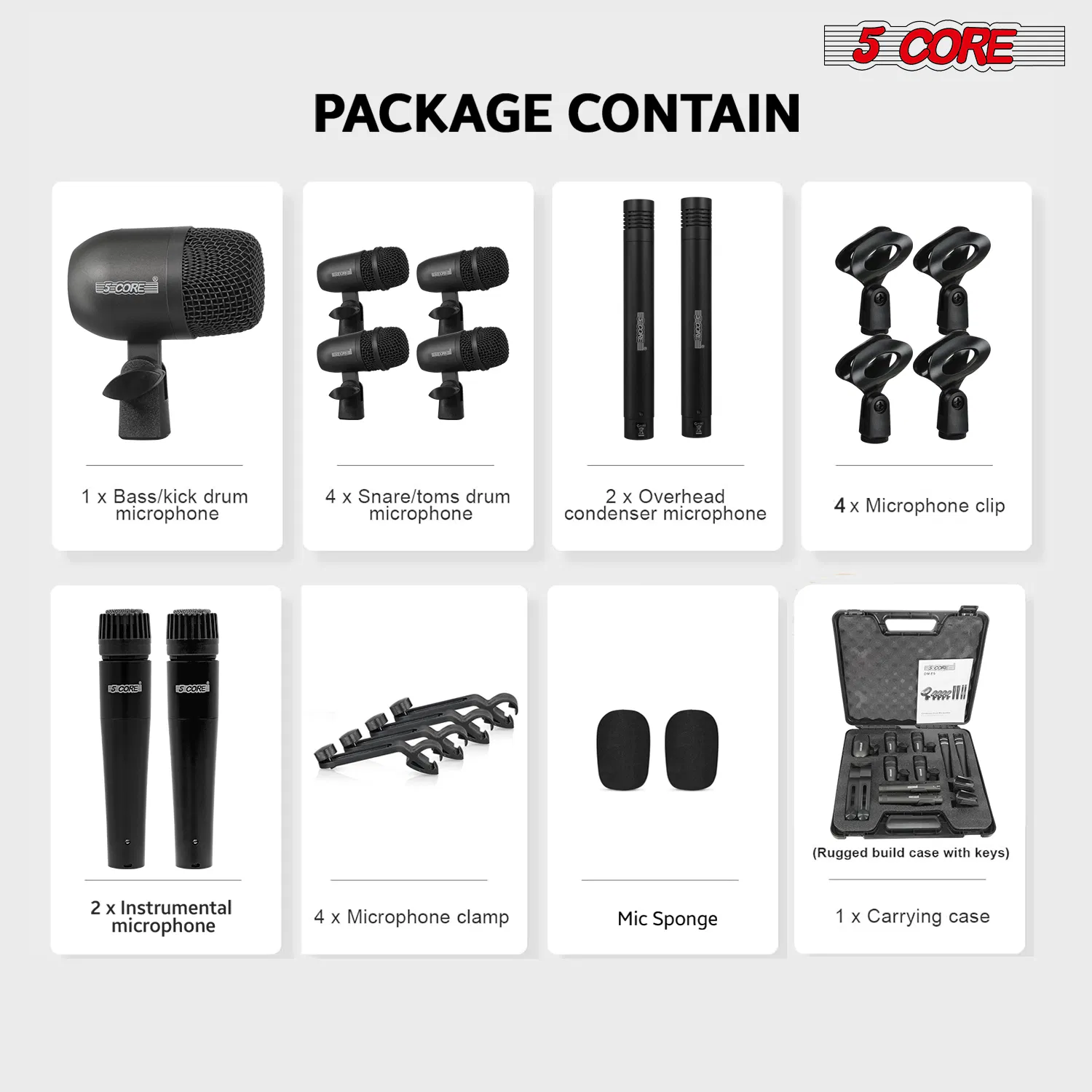 5 Core Drum Microphone Kit 9Pc All Metal Drummer Mics Tom/Snare & Cymbals Wired Instrument Drums Set image 14