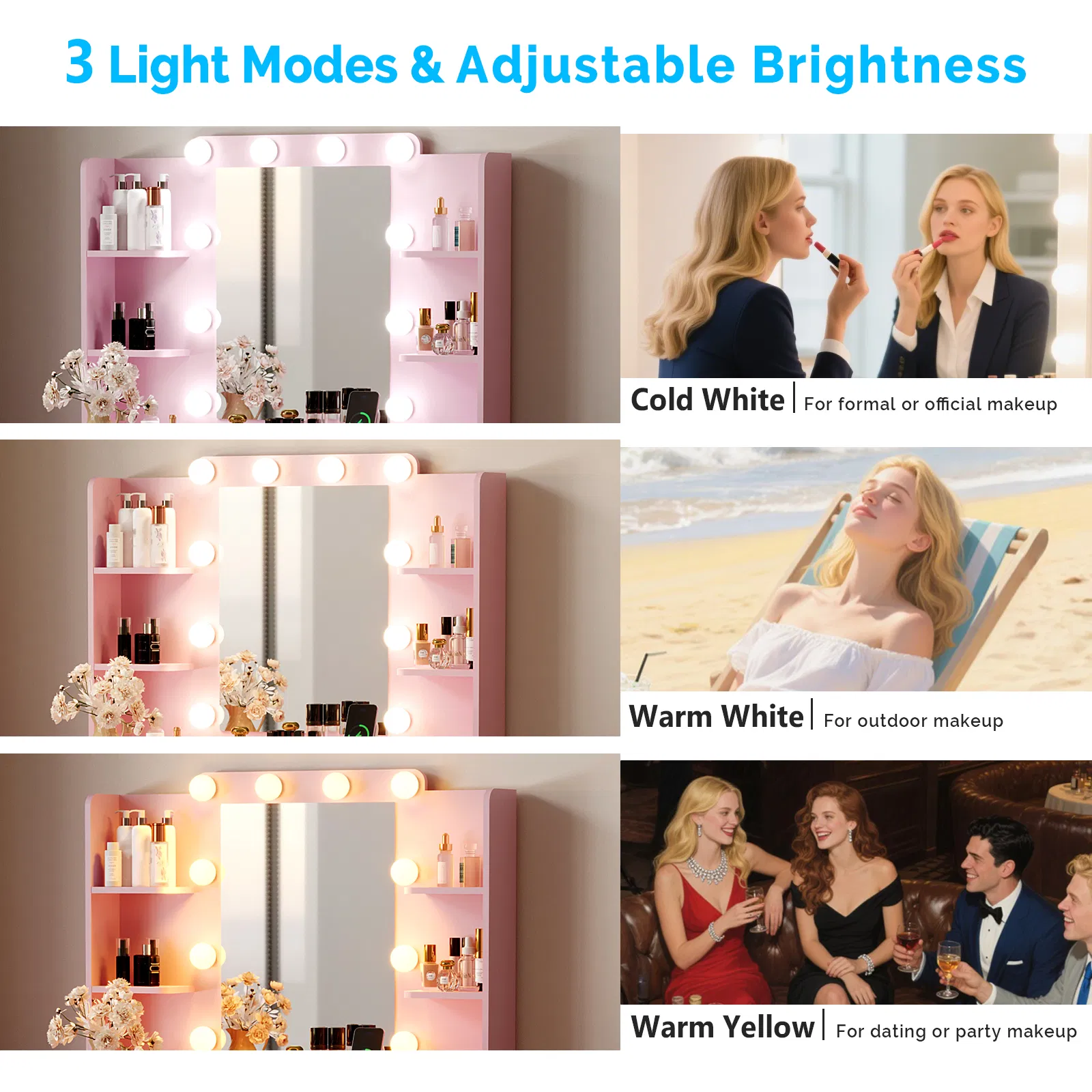 Pink particleboard with a melamine finish, a 2-drawer, 4-shelf dressing table set with 10 three-tone light bulbs, a power strip, and a grille. image 3