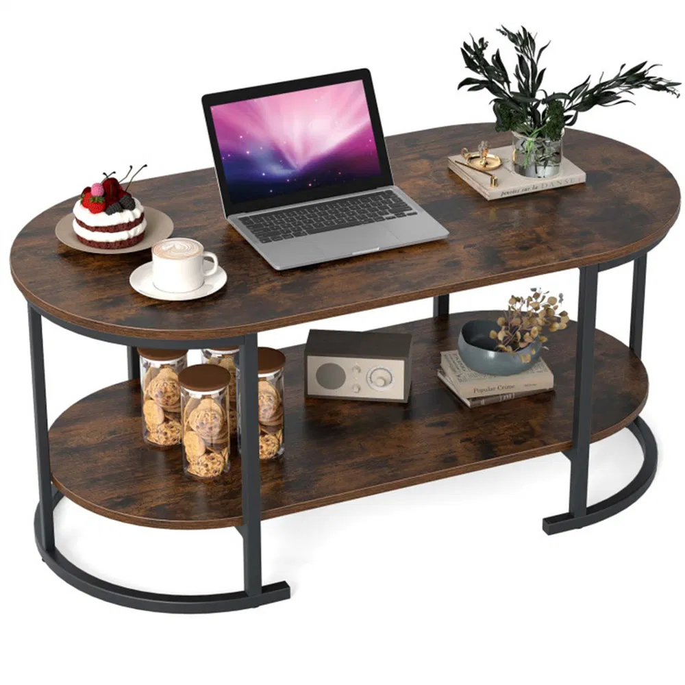 2-Tier Coffee Table with Metal Frame, 100ร50ร45 cm Robot Vacuum Friendly Accent Table, 88 lbs Capacity for Living Room Office-Rustic Brown