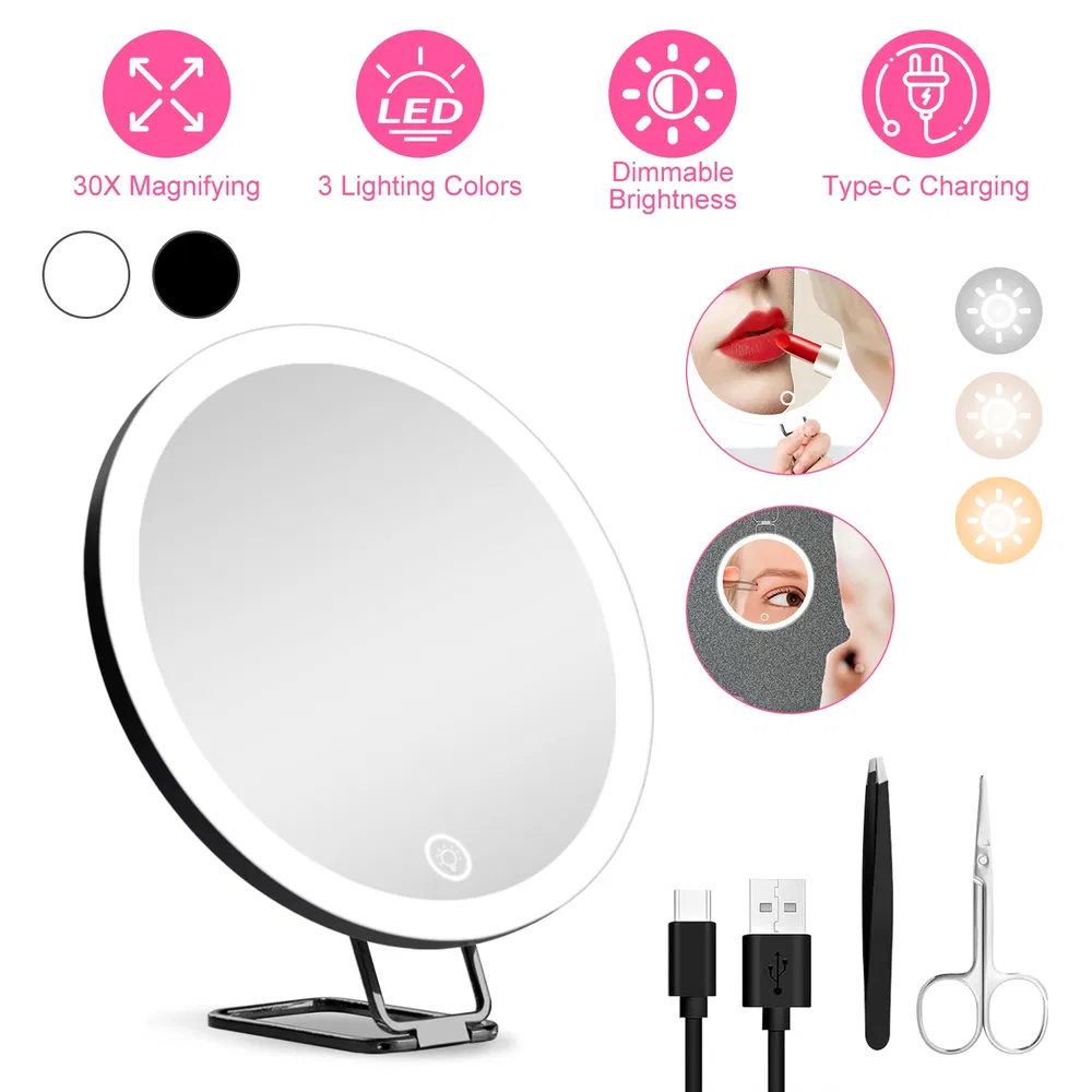 30X Magnifying Mirror With Light 3 Colors Dimmable Brightness Included Tweezer Scissor Travel Magnifying…